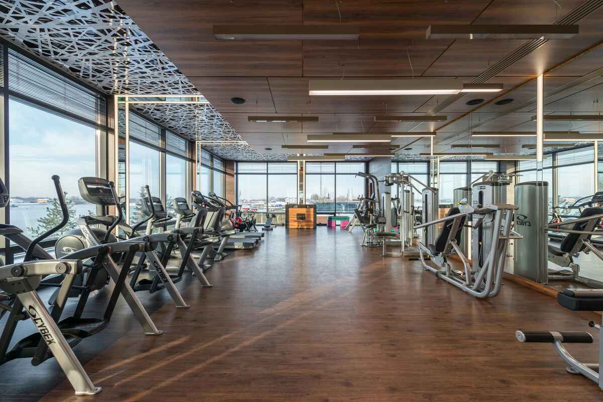 Various cardio gym machines in a modern gym.